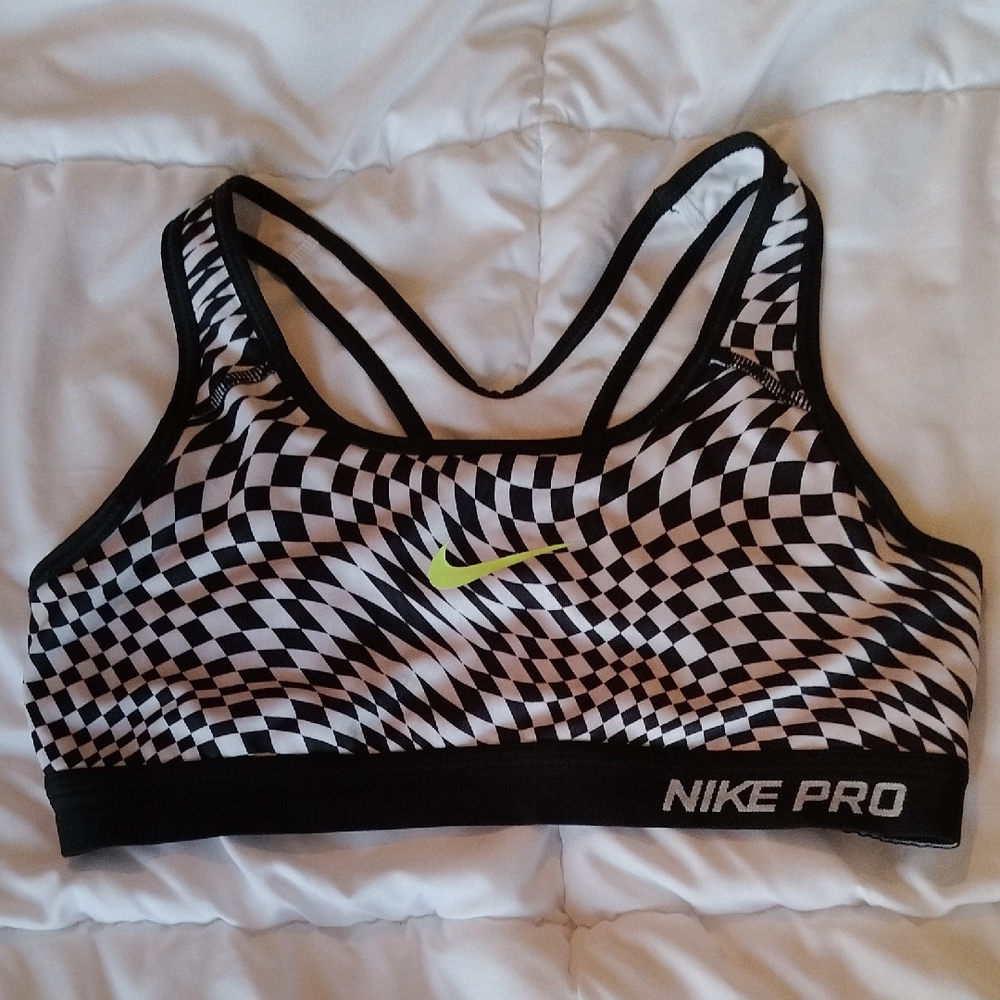 Rare Nike Pro Black & White Checkered Sports Bra with Neon Logo - Small Or XS